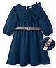 Hola Bonita Knit Three Fourth Sleeves Textured Solid Dress With Bow Applique & Belt - Teal Blue