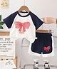 POP STREET KIDS Cotton Blend Knit Half Raglan Sleeves Bow Printed Top & Shorts Set - White