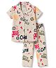 Smarty Girls Sinker Knit Half Sleeves Shirt & Pyjama Co-Ord Night Suit With Text Print - Cream