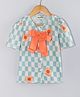Hugsntugs Cotton Woven Half Sleeves Checked & Floral Printed Bow Applique Detailed Shirt Style Top - Blue