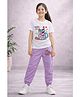 Trampoline Cotton Blend Knit Half Sleeves Bubble Strawberry Milk Text Printed Tee & Sweatpants Set - White & Purple