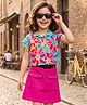 OLLINGTON ST. Sinker Knit Half Sleeves Top & Skirt Set With Belt & Floral Print - Multicolor