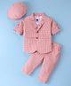 Rikidoos Cotton Woven Full Sleeves Checks Blazer & Trouser With Inner Tee Cap & Bow Applique - Peach & White