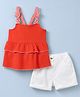 Babyhug Single Jersey Knit Sleeveless Striped Strap & Bow Applique Top & Shorts Set - Red & White