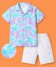 OLLINGTON ST. Cotton Knit Printed Half Sleeves Resort Collar Shirt & Twill Shorts Set -Multicolour & White