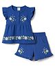 Babyhug Cotton Woven Sleeveless Top & Shorts Set With Floral Embroidery - Blue