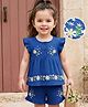 Babyhug Cotton Woven Sleeveless Top & Shorts Set With Floral Embroidery - Blue