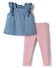 Babyhug Denim Knit Sleeveless Floral Embroidered Top & Leggings Set - Blue