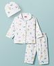 Babyhug Cotton Knit Full Sleeves Front Open Printed Co-Ords Shirt & Pyjama Night Suit with Cap-White