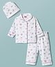Babyhug Cotton Knit Full Sleeves Bunny & Floral Printed Co-Ords Shirt & Pyjama Night Suit With Cap - White