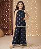 The Magic Wand Woven Sleveeless Leaves Foil Printed Kurti & Palazzo Set - Navy Blue
