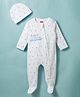 Babyhug Cotton Knit Full Sleeves Star Printed Sleepsuit With Cap - White