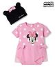 Babyhug Disney Interlock Knit Half Sleeves Onesie and Cap With Minnie Mouse Graphic and Applique Detailing - Pink