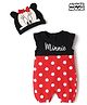 Babyhug Disney Interlock Knit Frill Sleeves Romper and Cap With Minnie Mouse Graphic - Red