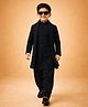 Vastramay Synthetic Woven Full Sleeves Solid and Patiala Kurta Pyjama Set With Jodhpuri Jacket & Dupatta - Black