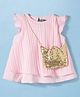 Little Kangaroos Knit Frill Sleeves Shimmer Party Top with Sling Bag - Pink