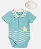 MINI KLUB Cotton Knit Half Sleeves Duck Printed Onesie With Hat - Blue
