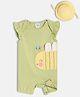 MINI KLUB Cotton Knit Frill Sleeves Bee Patch Detailed Romper With Cap - Olive Green