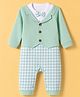 Babyhug Interlock Woven Half Sleeves Partywear Checked Pattern Romper With Attached Waistcoat & Bow - Light Green