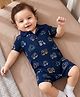 Babyhug Interlock Knit Half Sleeves Romper With Vehicle Print - Navy Blue
