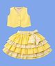 Lil' Drama Cotton Knit Sleeveless  Gingham Checked Top & Bow Applique Detailed Layered Skirt Set - Yellow