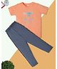 RAINE AND JAINE Cotton Knit Half Sleeves Game On Text Printed Tee & Pajama Night Suit - Orange & Blue