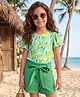 OLLINGTON ST. Sinker Cotton Knit Half Sleeves Leafy Printed Top & Shorts with Belt - Light Green