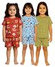 Tiny Hugs Cotton Knit Pack Of 3 Half Sleeves Animals & Sharks Printed Coordinating Tees & Shorts Set - Red Green & Blue