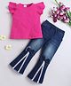Bright Stars KIDSWEAR Cotton Knit Frill Sleeves Pearl Embellished Top & Lace Detailed Flared Jeans - Pink