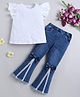 Bright Stars KIDSWEAR Cotton Knit Frill Sleeves Pearl Embellished Top & Lace Detailed Flared Jeans - Off White