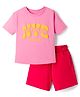 Pine Kids Cotton Knit Half Sleeves Top & Shorts Set With Text Print - Pink & Red