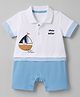 Babyhug  100% Cotton Interlock Knit Half Sleeves Polo Collar Romper With Boat Print - Sky