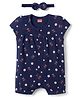 Babyhug 100% Cotton Interlock Knit Half Sleeves Romper & Head Band With Floral Print - Navy