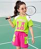 OLLINGTON ST. Cotton Knit Half Sleeves Top With Print & Shorts Set -  Limegreen & Pink