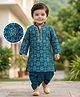 EARTHY TOUCH Cotton Jersey Knit Full Sleeves Kurta Dhoti Set With Floral Foil Print - Teal Blue
