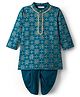 EARTHY TOUCH Cotton Jersey Knit Full Sleeves Kurta Dhoti Set With Floral Foil Print - Teal Blue