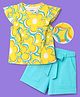 OLLINGTON ST. Sinker Knit Half Sleeves Top & Shorts Set With Belt & Floral Print - Multicolor
