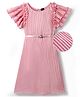 Hola Bonita Knit Frill Sleeves A Line All Over Pleated Party Dress With Foil Print & Belt - Pink