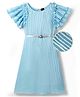 Hola Bonita Knit Frill Sleeves A Line All Over Pleated Party Dress With Foil Print & Belt - Blue