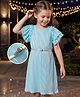 Hola Bonita Knit Frill Sleeves A Line All Over Pleated Party Dress With Foil Print & Belt - Blue