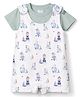 First Smile Interlock Knit Half Sleeves Animal & Nautical Theme Printed Dungaree Style Romper With Inner Tee - Cream