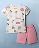 Lazy Bones Interlock Knit Half Sleeves T-Shirt & Shorts Set with Beach Print - Cream