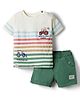 Ollypop Interlock Knit Half Sleeves T-Shirt & Shorts Set with Vehicle Embroidery - Cream & Olive Green