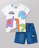 Babyhug Single Jersey Knit Half Sleeves T-Shirt & Denim Shorts Set With Animal Print - White & Blue