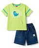 Babyhug Single Jersey Knit- Denim Half Sleeves T-Shirt & Shorts With Dino Print - Limegreen