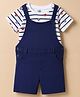 Doodle Poodle 100% Cotton Knit Half Sleeves Striped & Sports Theme Printed Dungaree With Inner Tee - White & Navy Blue
