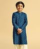 KISAH Cotton Blend Woven Full Sleeves Checked Kurta - Turquoise Blue