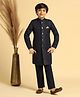KISAH Jacquard Woven Full Sleeves Glitter Embellished Feather Embroidered Sherwani & Pyjama Set - Navy Blue