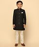 KISAH Blended Woven Full Sleeves Floral Embroidered Sherwani & Pyjama Set - Black