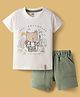 Pink Rabbit Sinker Knit Half Sleeves T-Shirt & Shorts Set with Bear Print - Green